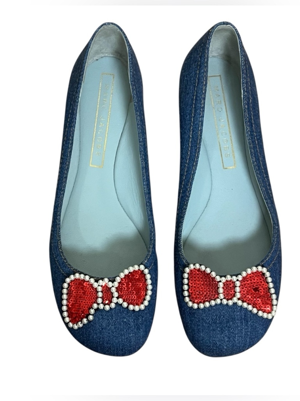 Marc Jacobs Denim Ballet Flats Red Sequin Bow Pearl Y2K Coquette Size 37.5 - Picture 4 of 13